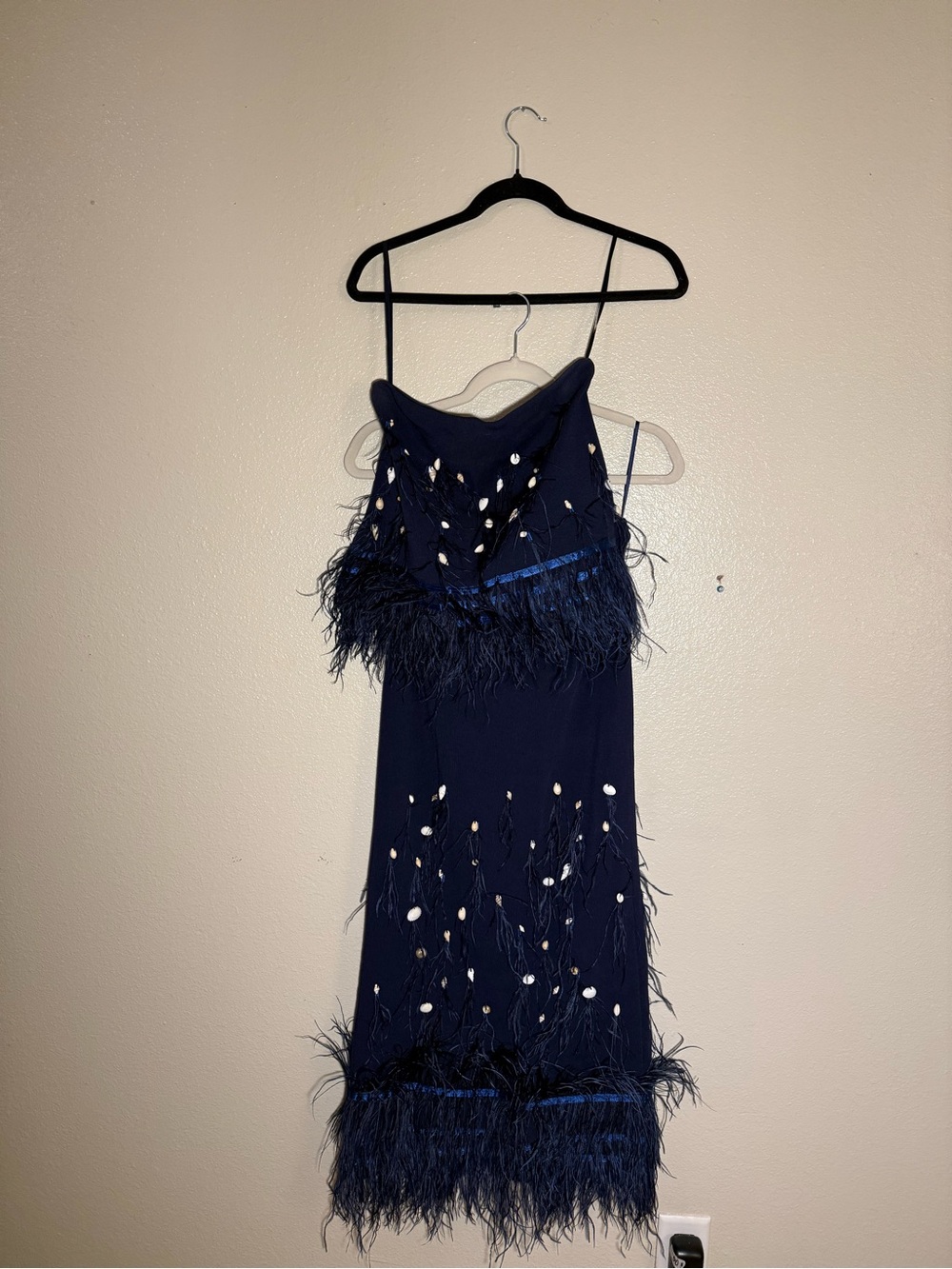 STAUD Kristin Ostrich Feather & Shell Strapless Navy Midi Set, TOP & SKIRT - Picture 10 of 11